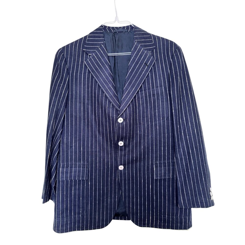 Blue Linen Blazer Mens 42S Navy White Pinstripe Resort Coastal Grandpa Jacket